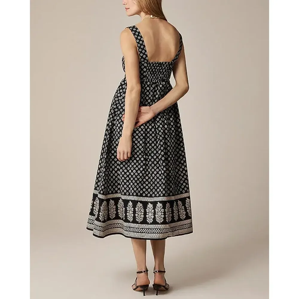 NWT J.Crew Square Neck Cotton Poplin Midi Dress Block Print Faded Black Size 0